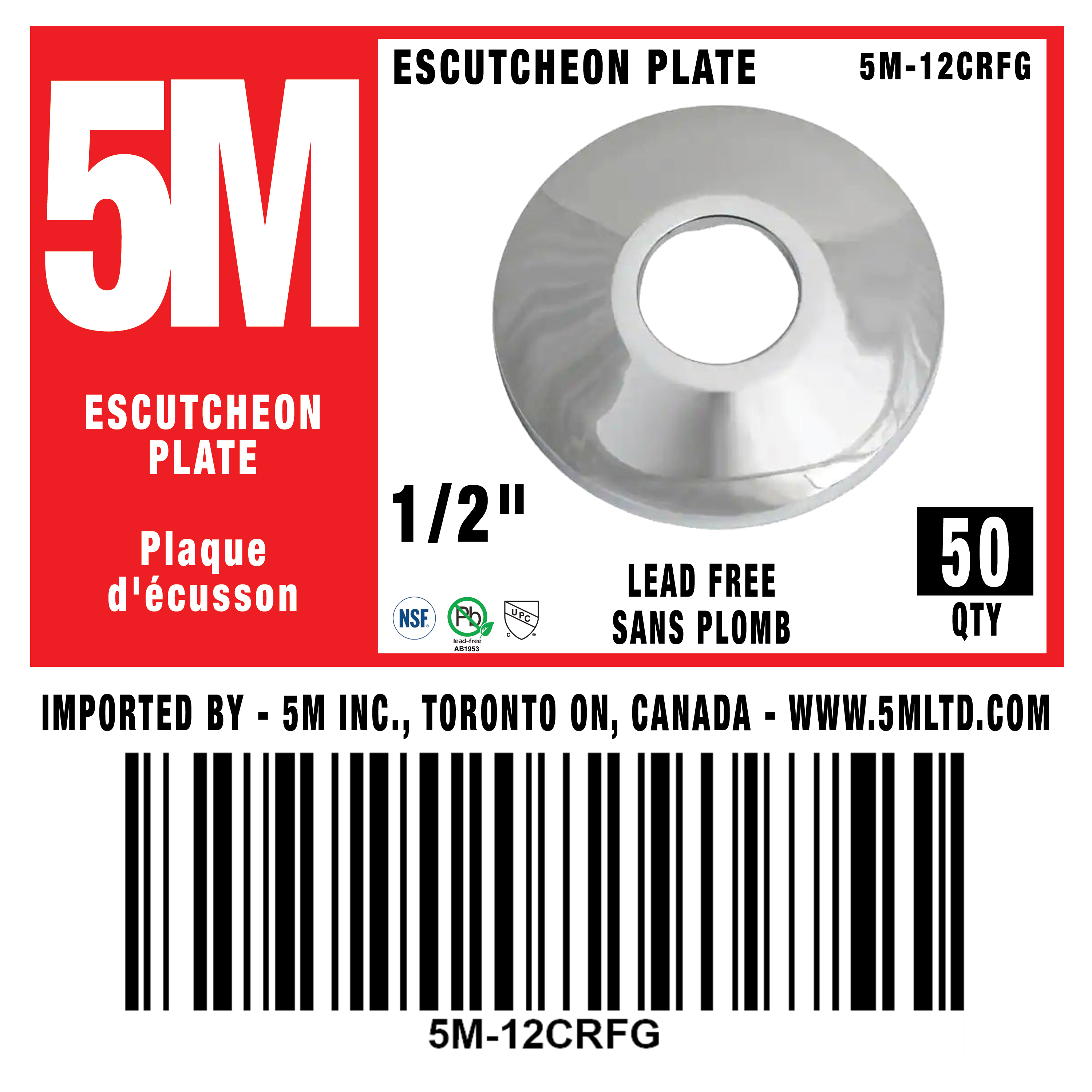 5M - Escutcheon Plate 1/2" - (Pack of 5) - 5M-12CRSFG - additional view