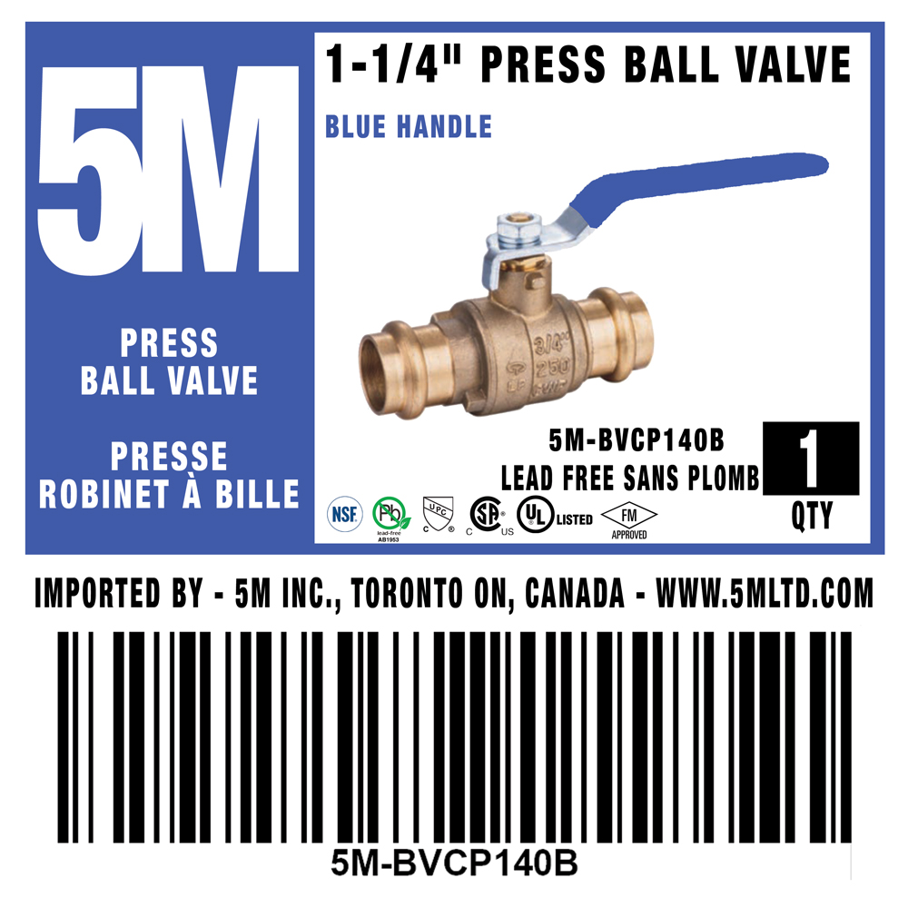 5M- BLUE 1-1/4" Press Ball Valve LF  - 5M-BVCP140B - additional view