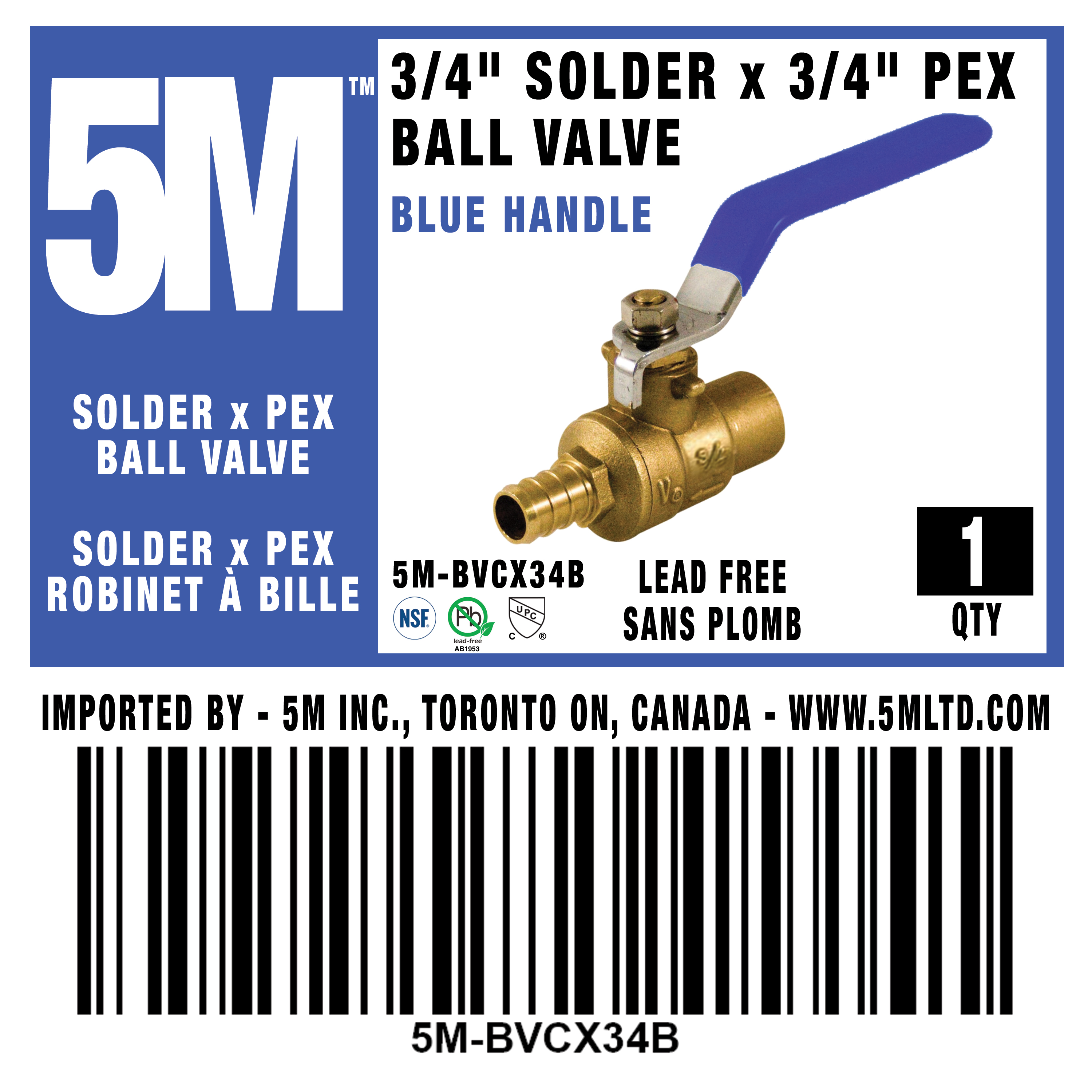 5M - BLUE BALL VALVE 3/4 FULL PORT SOLDER x PEX LEAD FREE - 5M-BVCX34B - additional view
