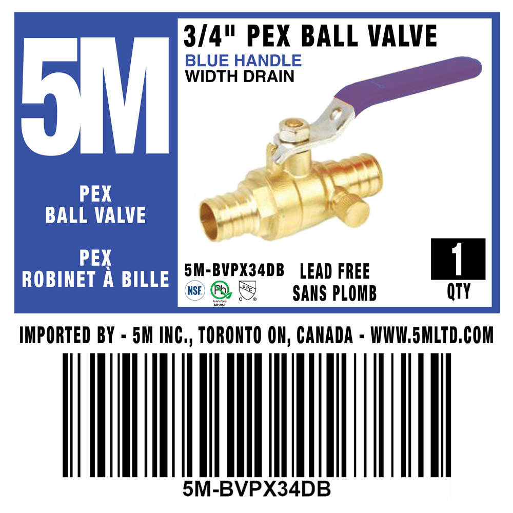 5M- BLUE PEX BALL VALVE LEAD FREE 3/4" X 3/4" W/Drain- 5M-BVPX34DB - additional view