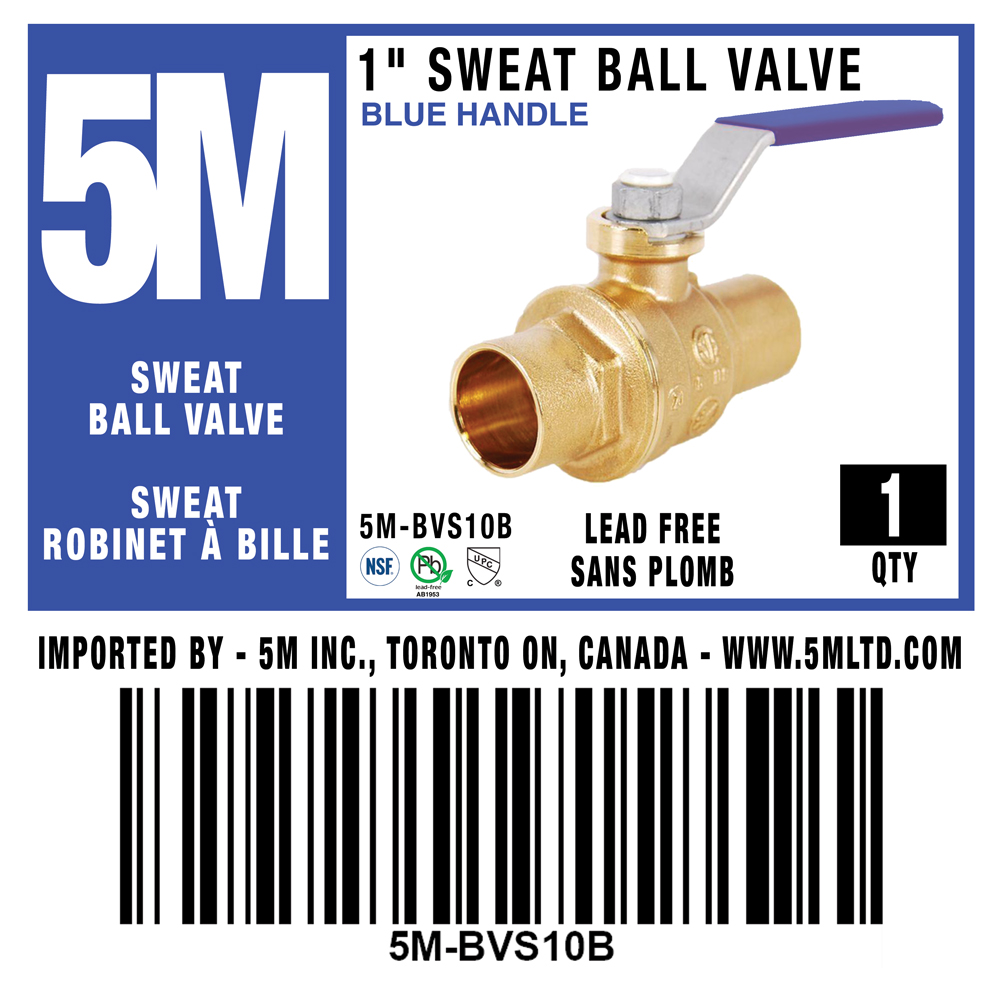5M- 1" Sweat Ball Valve LF  - BLUE HANDLE - 5M-BVS10B - additional view