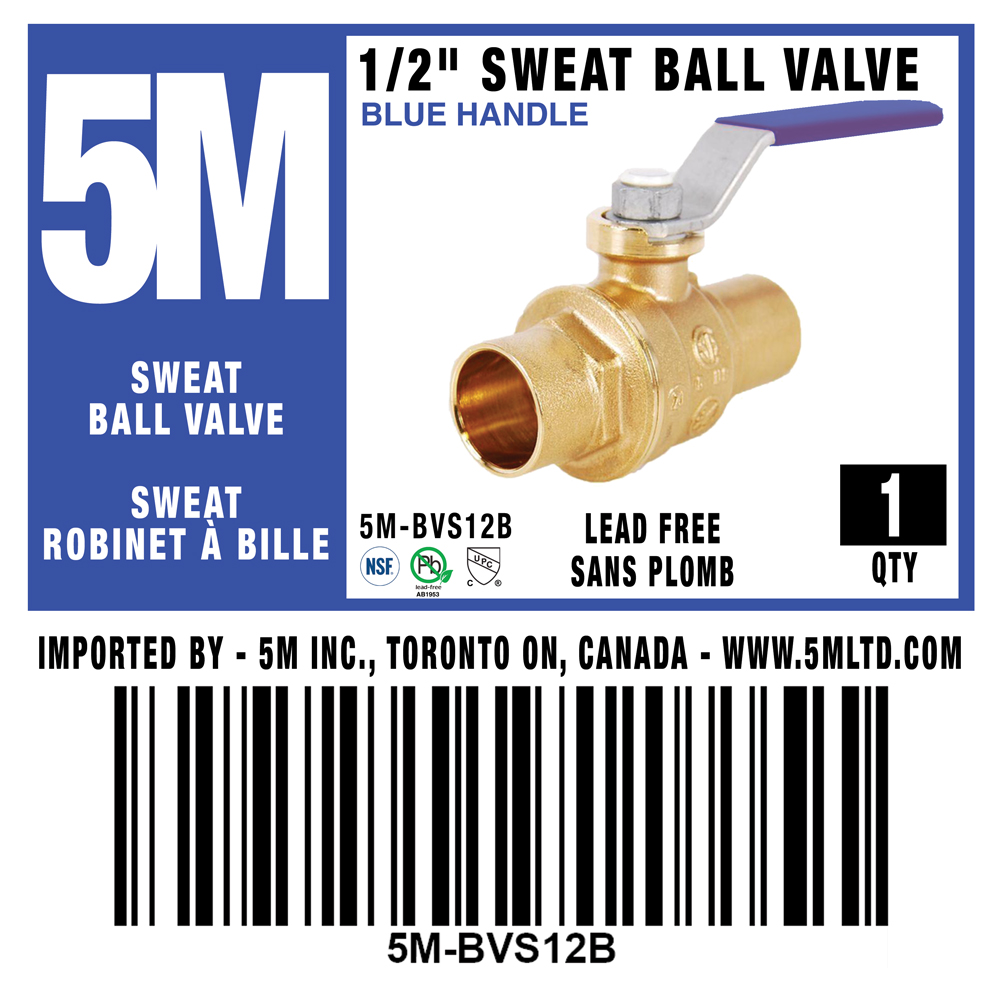 5M- 1/2" Sweat Ball Valve LF - BLUE HANDLE - 5M-BVS12B - additional view