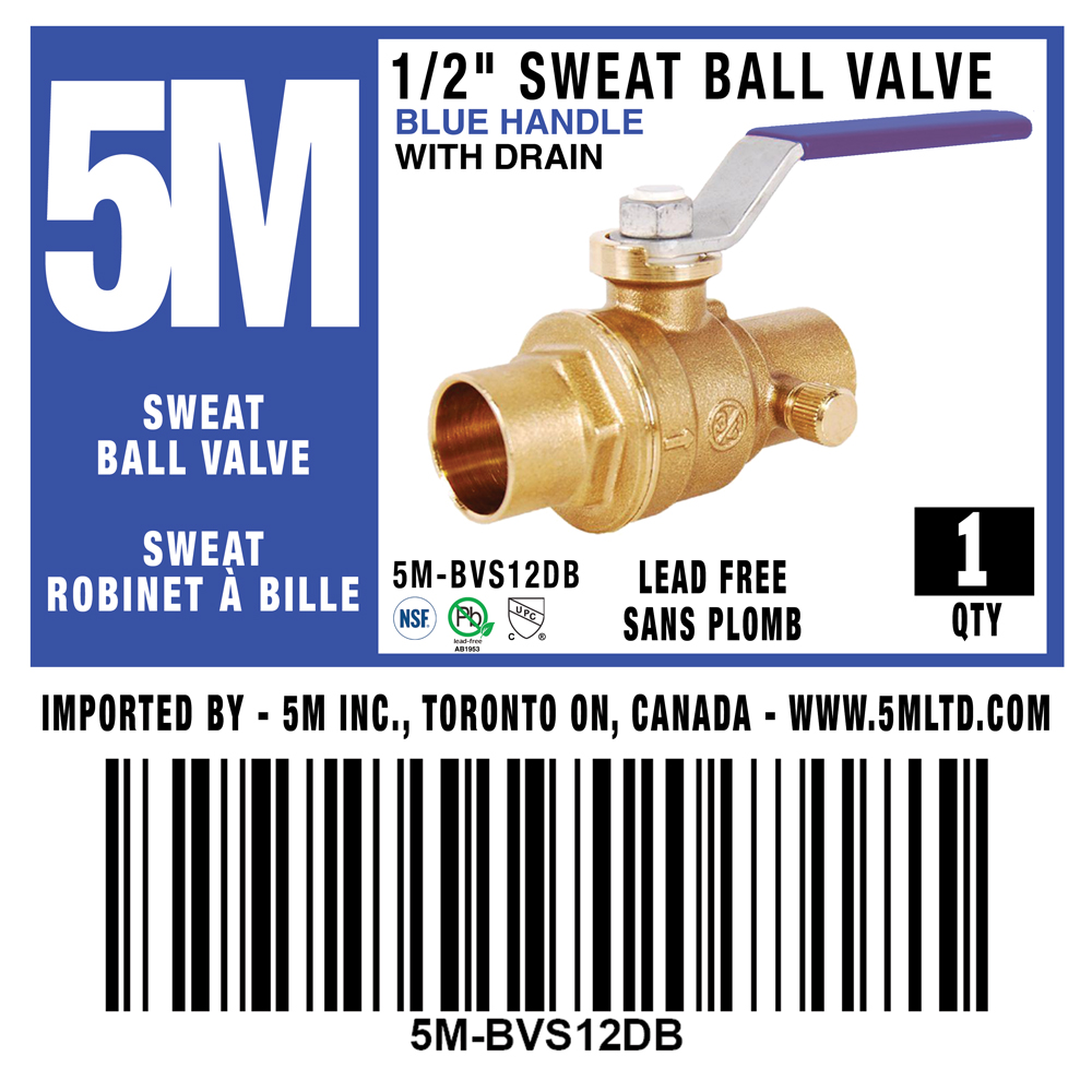 5M- 1/2"  SWEAT BALL VALVE LEAD FREE WITH DRAIN - BLUE HANDLE -5M-BVS12DB - additional view