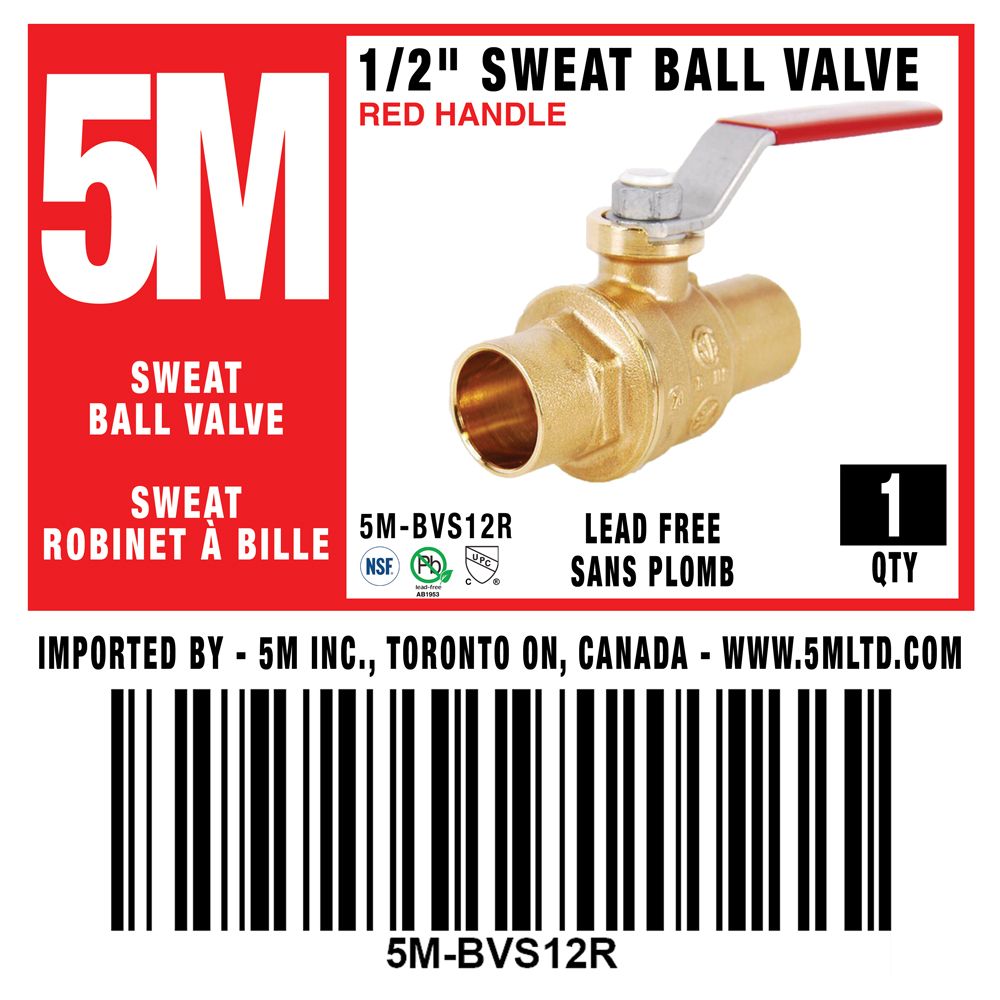 5M- 1/2" Sweat Ball Valve LF - RED HANDLE  - 5M-BVS12R - additional view