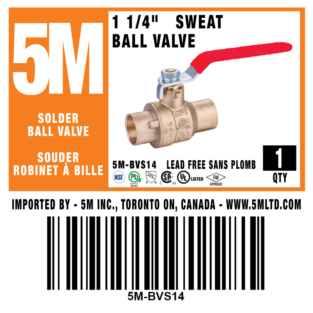 5M- 1-1/4" Sweat Ball Valve LF  - 5M-BVS14 - additional view