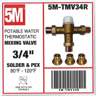 5M - Potable Water Thermostatic Mixing Valve 3/4" with Solder and PEX adapters- 5M-TMV34R - additional view