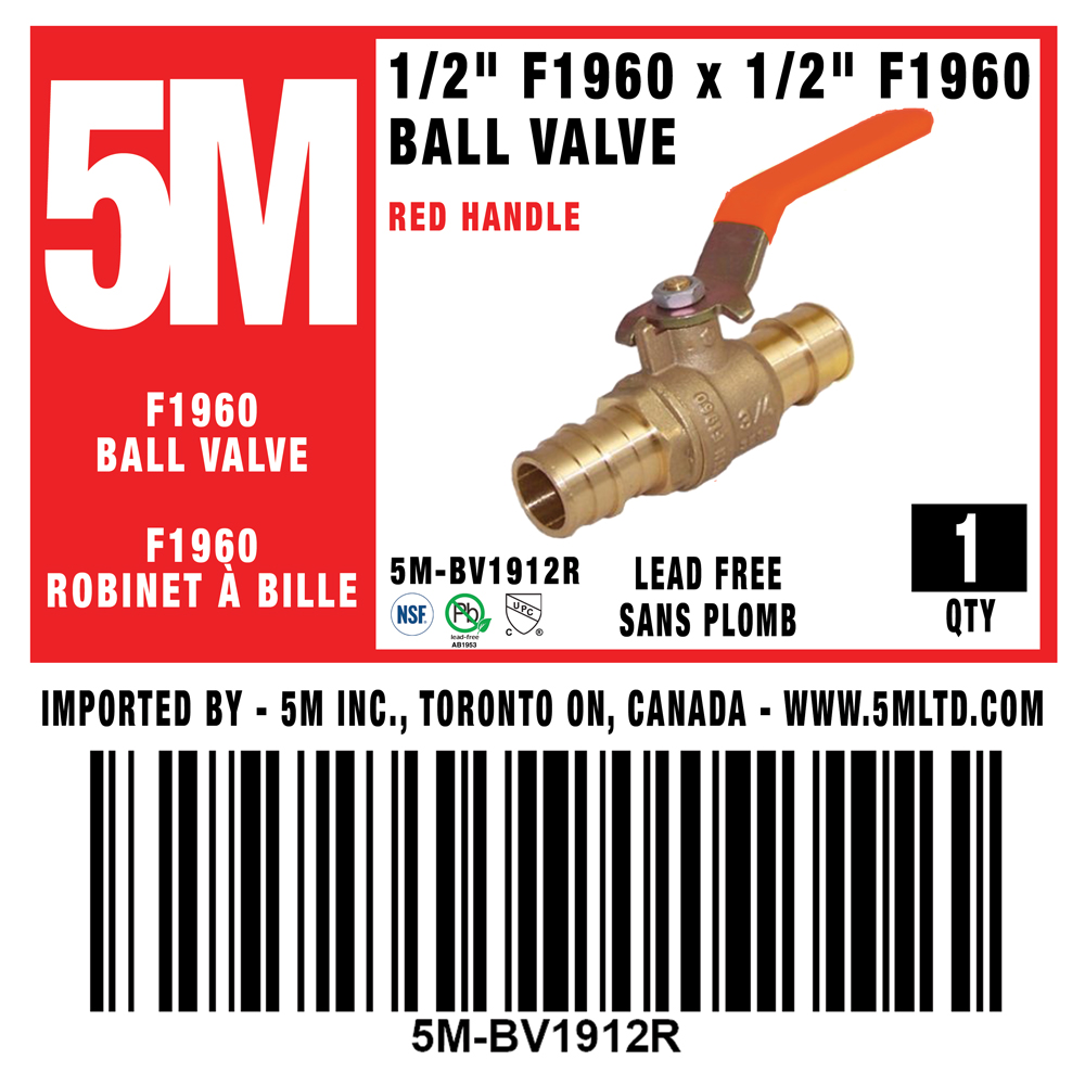 5M - RED 1/2" F1960 PEX BALL VALVE - 5M-BV1912R