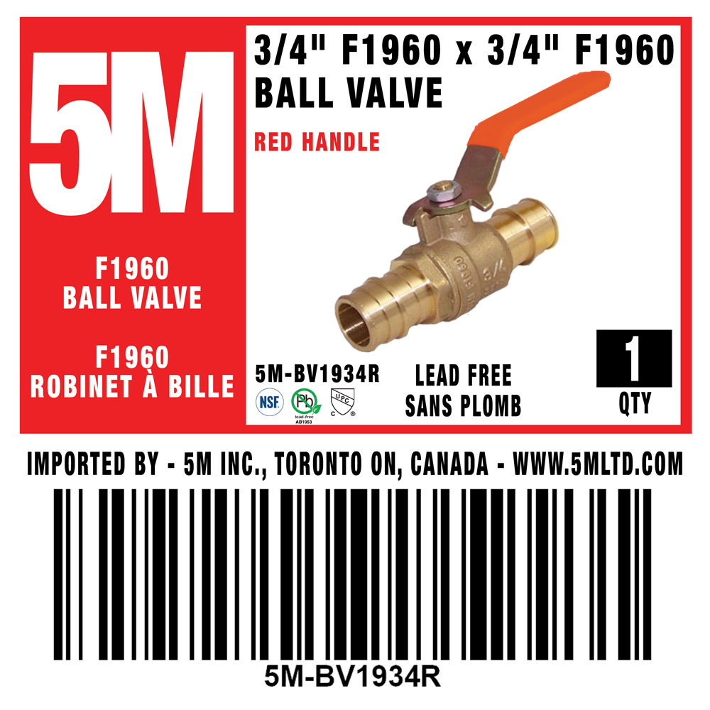 5M - RED 3/4" F1960 PEX BALL VALVE - 5M-BV1934R