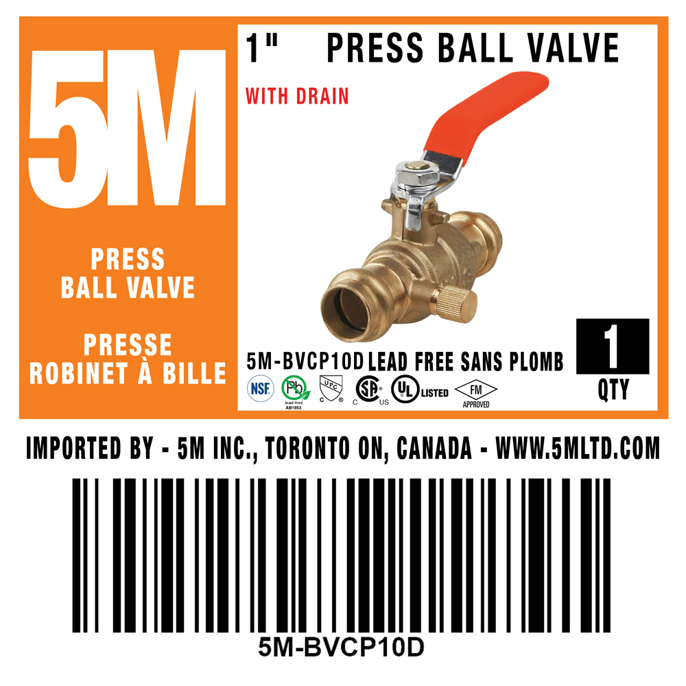 5M- 1" Press Ball Valve LF  With Drain - 5M-BVCP10D