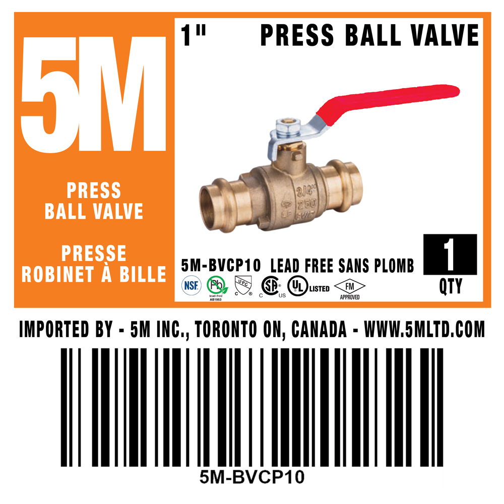 5M- RED 1" Press Ball Valve LF  - 5M-BVCP10