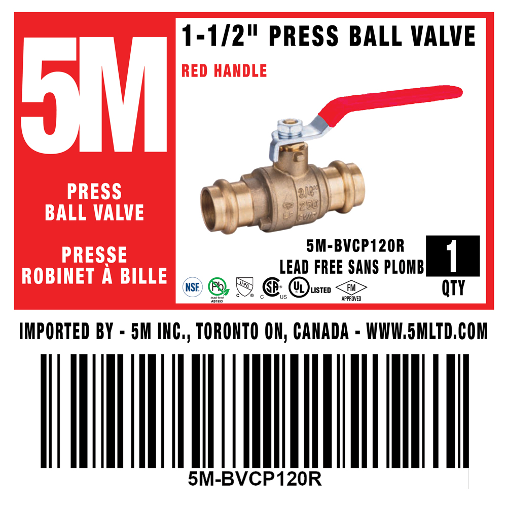 5M- RED 1-1/2" Press Ball Valve LF  - 5M-BVCP150R
