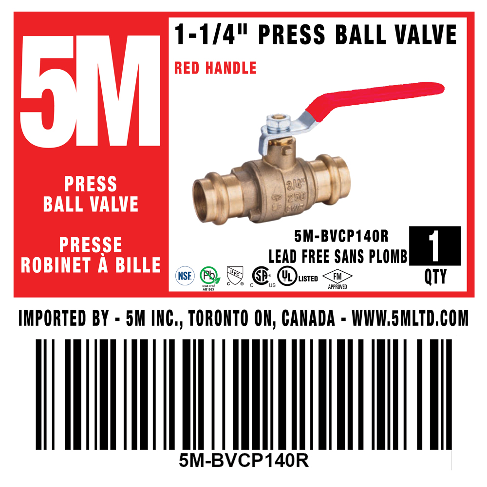 5M- RED 1-1/4" Press Ball Valve LF  - 5M-BVCP140R