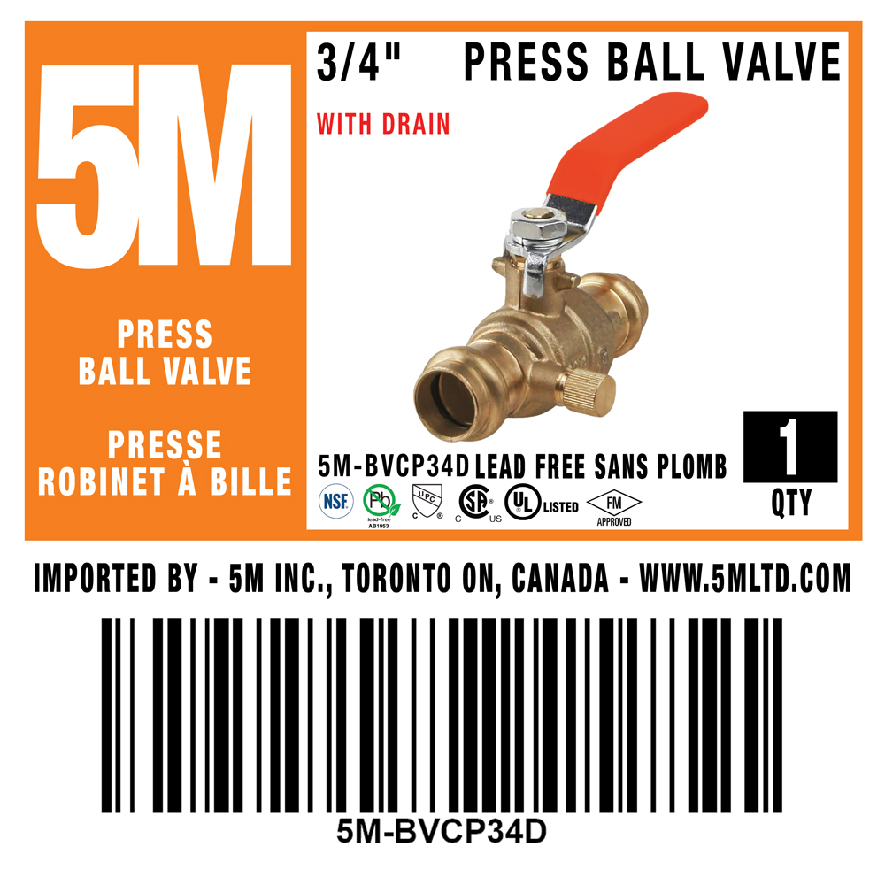 5M- 3/4" Press Ball Valve LF  With Drain - 5M-BVCP34D
