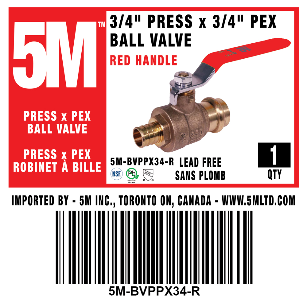 5M - 3/4" PRESS x PEX   BALL VALVE  - RED - 5M-BVPPX34-R