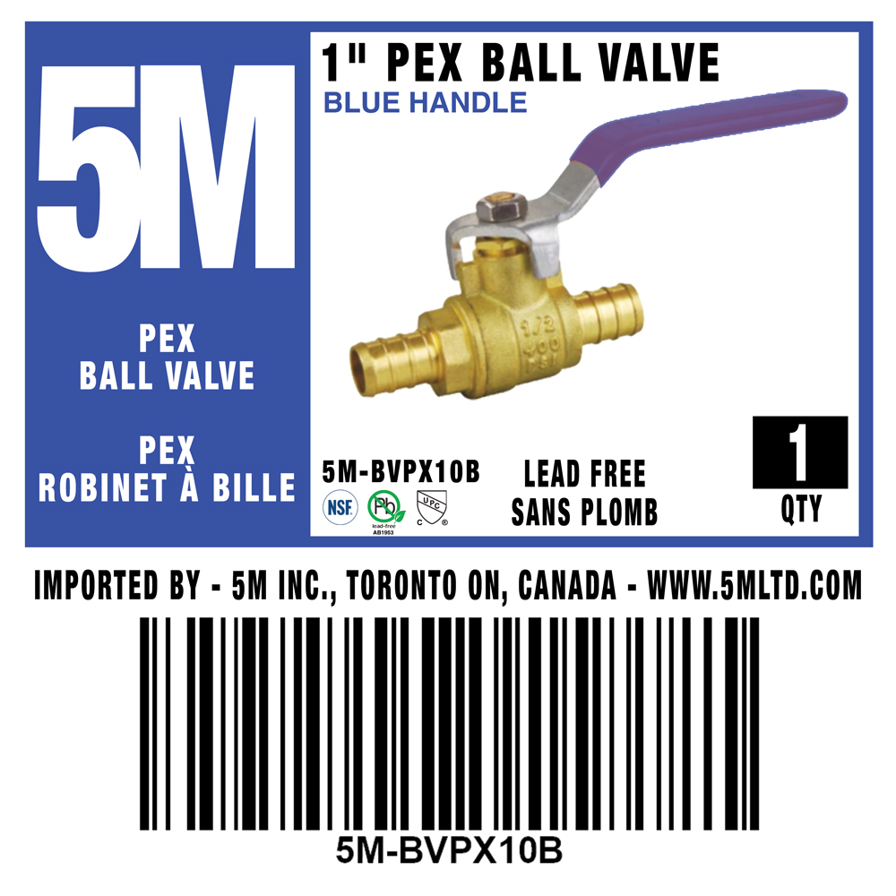 5M- BLUE PEX BALL VALVE LEAD FREE 1" X 1" -5M-BVPX10B