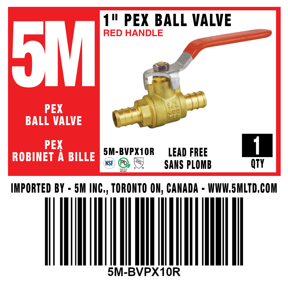 5M- RED PEX BALL VALVE LEAD FREE 1" X 1"-5M-BVPX10R