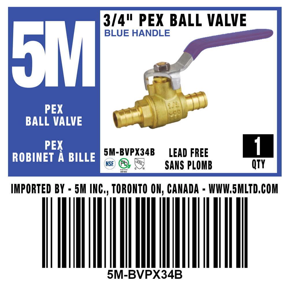 5M- BLUE PEX BALL VALVE LEAD FREE 3/4" X 3/4"-5M-BVPX34B