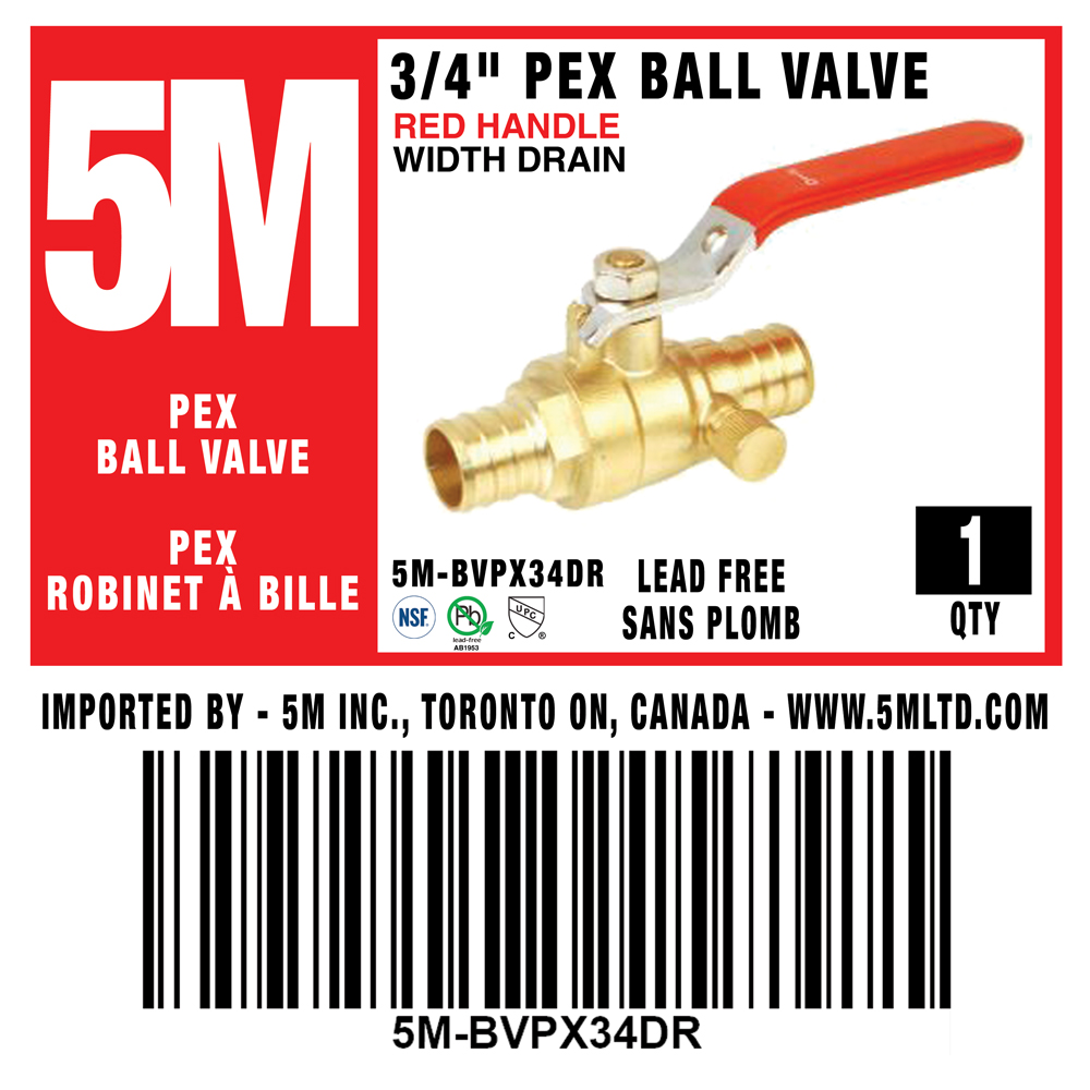 5M- RED PEX BALL VALVE LEAD FREE 3/4" X 3/4" W/Drain- 5M-BVPX34DR