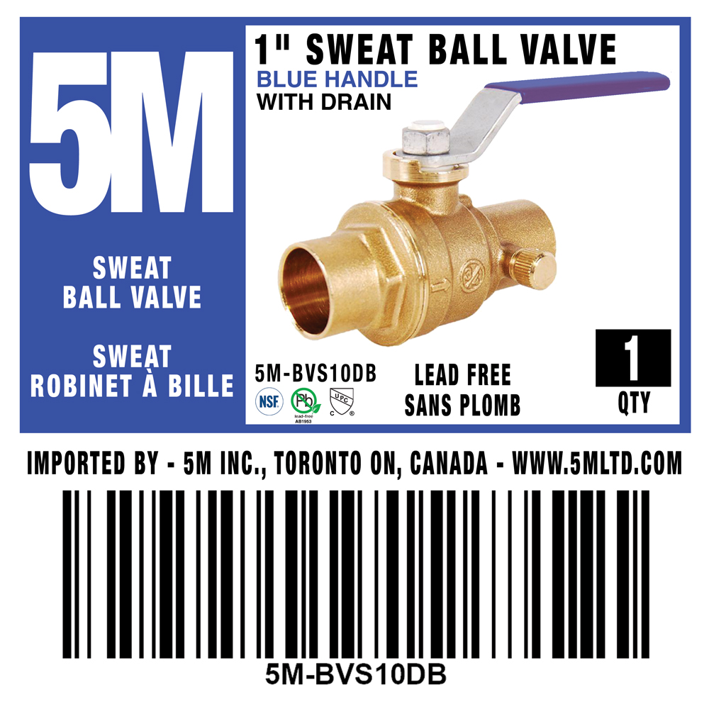 5M- 1" SWEAT BALL VALVE LEAD FREE WITH DRAIN - BLUE HANDLE- 5M-BVS10DB