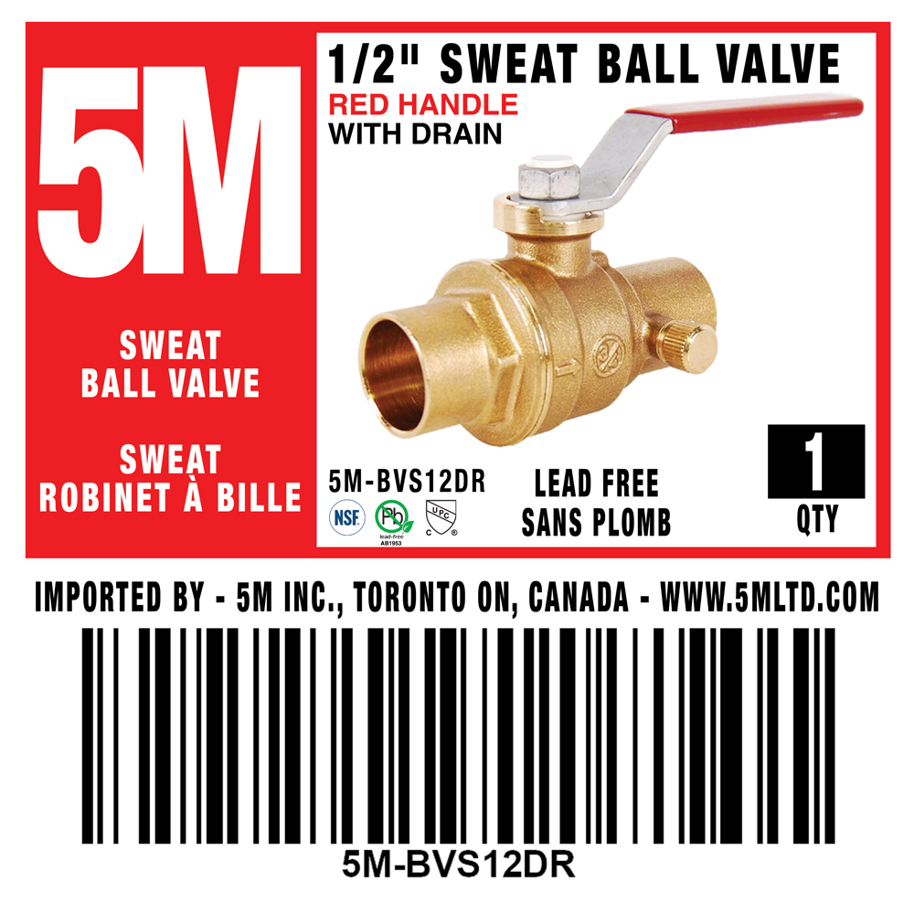 5M- 1/2"  SWEAT BALL VALVE LEAD FREE WITH DRAIN - RED HANDLE -5M-BVS12DR