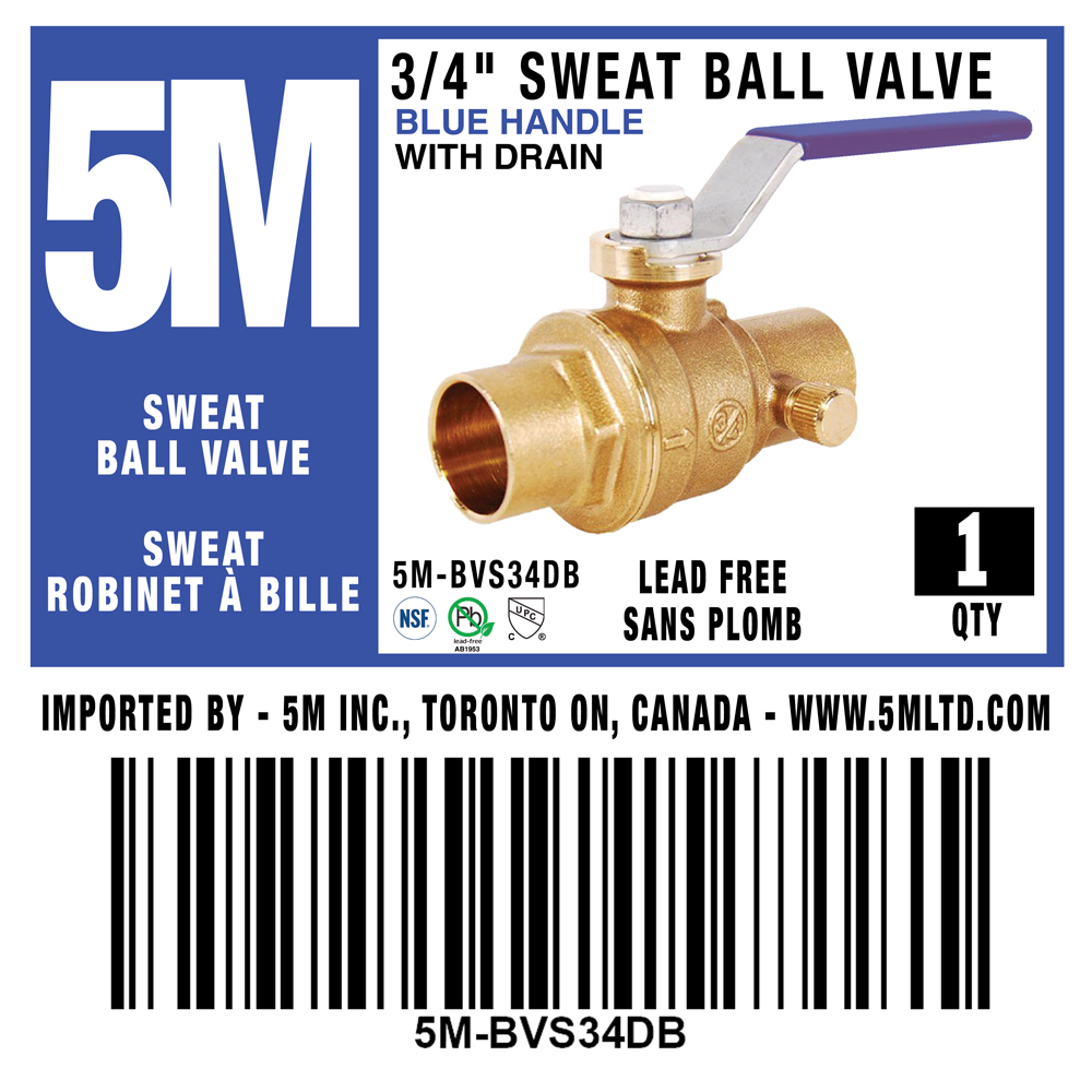 5M- 3/4" SWEAT BALL VALVE LEAD FREE WITH DRAIN  - BLUE HANDLE -5M-BVS34DB