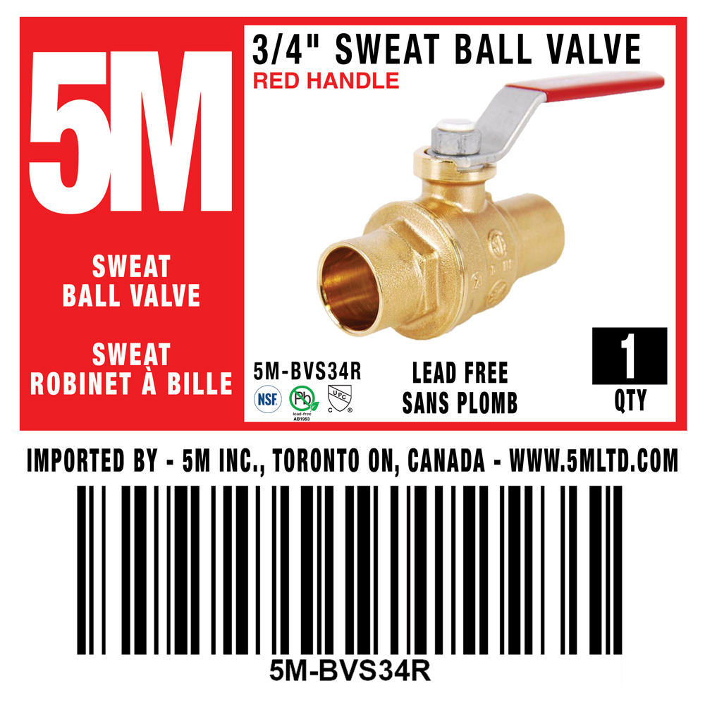 5M- 3/4" Sweat Ball Valve LF  - RED HANDLE - 5M-BVS34R
