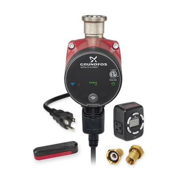GRUNDFOS - HOT WATER RECIRCULATION SYSTEMS ALPHA 15-55 HWR-T 115 Bronze, union 3/4" iso valve, check valve, wireless aquastat, programmable digital timer and half union set - 99906545