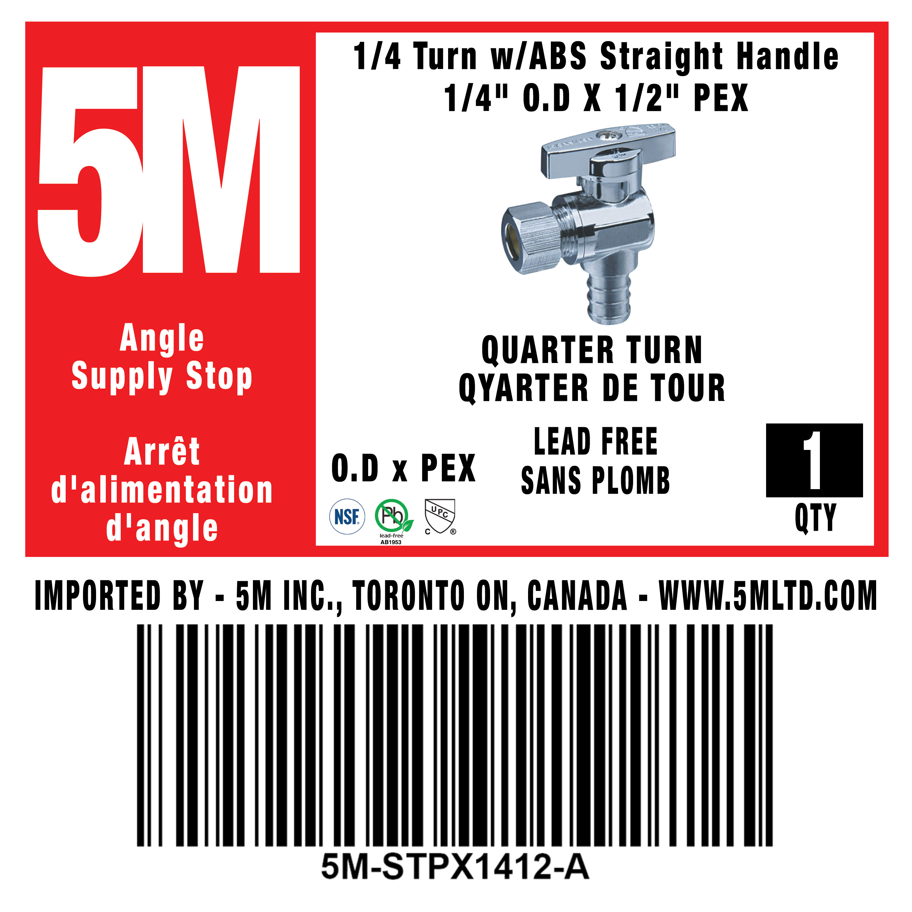 1/4 Turn Angle Stop VALVE w/ABS Straight Handle -1/4" O.D X 1/2" PEX-5M-STPX1412-A - variation